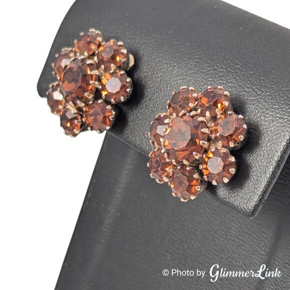 Vintage 1960s Brown Topaz Rhinestone Flower Cluster Clip On Earrings - Picture 3 of 9